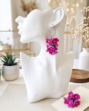 Cercei Statement "Fucsia Bloom"  Flori Handmade din Foamiran și Cristale Verzi (cod1466)