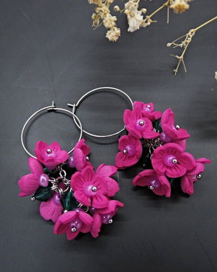 Cercei Statement "Fucsia Bloom"  Flori Handmade din Foamiran și Cristale Verzi (cod1466)