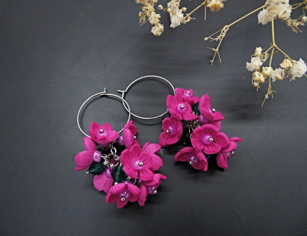 Cercei Statement "Fucsia Bloom"  Flori Handmade din Foamiran și Cristale Verzi (cod1466)