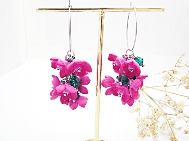 Cercei Statement "Fucsia Bloom"  Flori Handmade din Foamiran și Cristale Verzi (cod1466)
