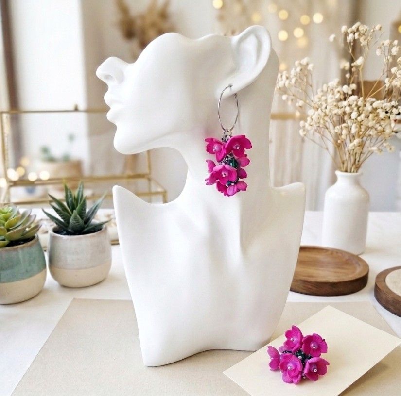 Cercei Statement "Fucsia Bloom" Flori Handmade din Foamiran și Cristale Verzi (cod1466)