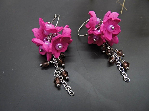 Cercei Statement "Fucsia Bloom"  Flori Handmade din Foamiran și Cristale (cod1467)
