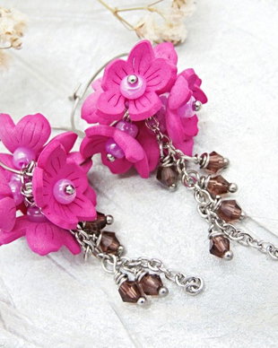 Cercei Statement "Fucsia Bloom"  Flori Handmade din Foamiran și Cristale (cod1467)