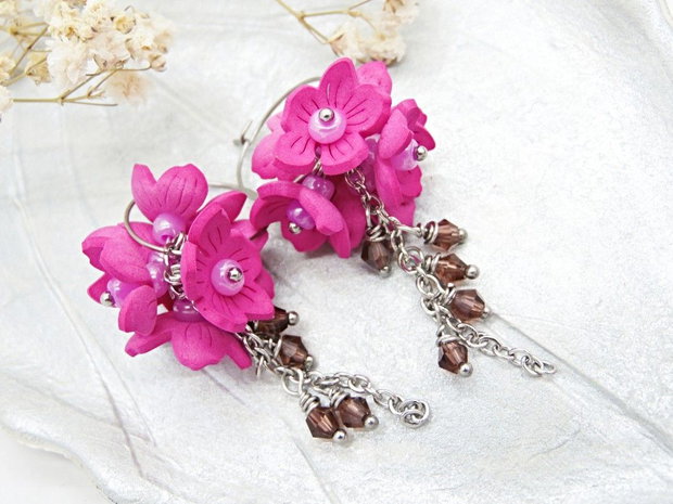 Cercei Statement "Fucsia Bloom"  Flori Handmade din Foamiran și Cristale (cod1467)