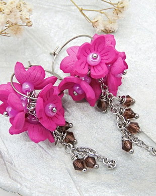 Cercei Statement "Fucsia Bloom"  Flori Handmade din Foamiran și Cristale (cod1467) - cadouri femei, cercei eleganti botez, bijuterii unicat flori