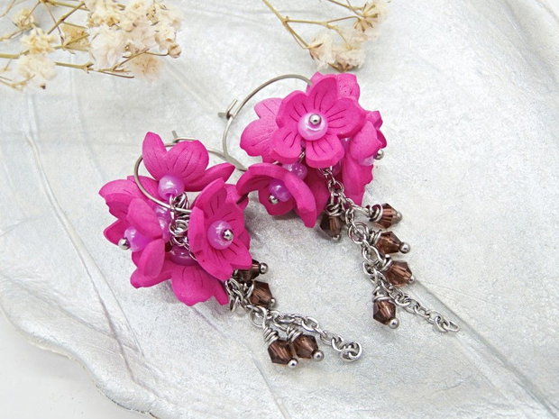 Cercei Statement "Fucsia Bloom"  Flori Handmade din Foamiran și Cristale (cod1467)