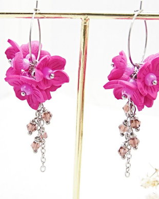 Cercei Statement "Fucsia Bloom"  Flori Handmade din Foamiran și Cristale (cod1467)