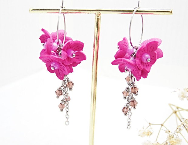 Cercei Statement "Fucsia Bloom"  Flori Handmade din Foamiran și Cristale (cod1467)