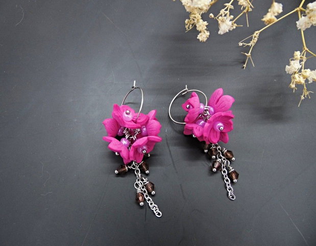 Cercei Statement "Fucsia Bloom"  Flori Handmade din Foamiran și Cristale (cod1467)