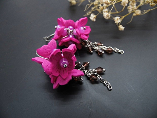 Cercei Statement "Fucsia Bloom"  Flori Handmade din Foamiran și Cristale (cod1467)