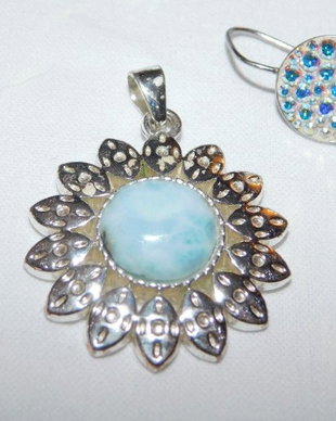Pandant larimar Republica Dominicana , argint masiv, cadou cercei argint