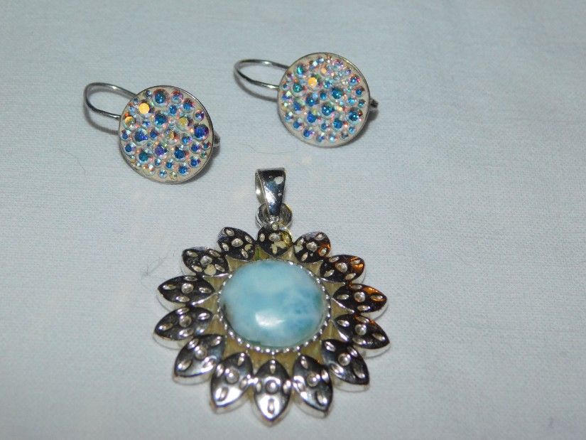 Pandant larimar Republica Dominicana , argint masiv, cadou cercei argint