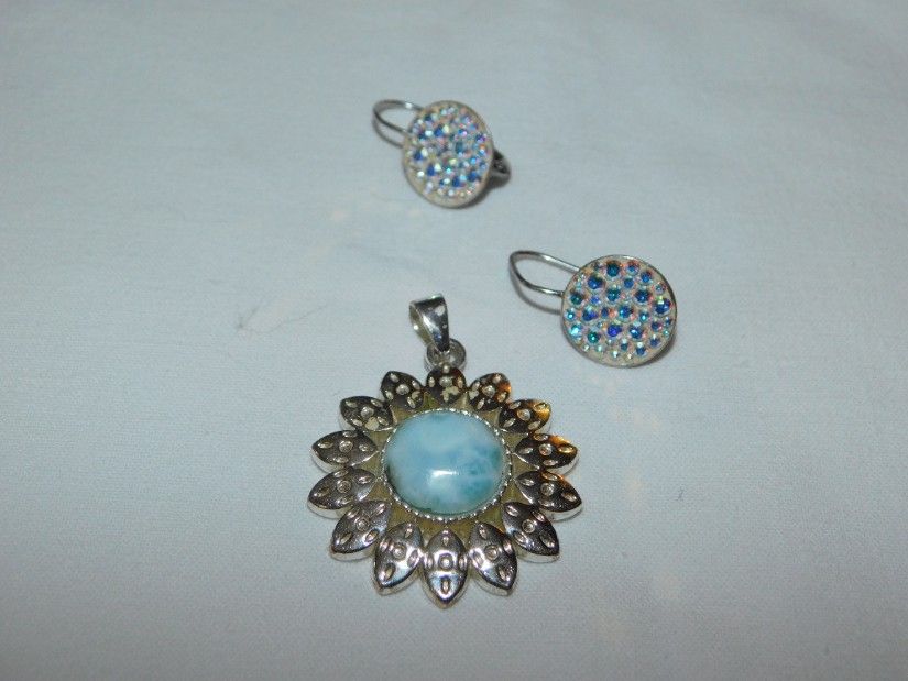 Pandant larimar Republica Dominicana , argint masiv, cadou cercei argint