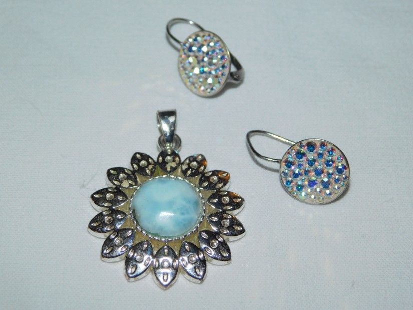 Pandant larimar Republica Dominicana , argint masiv, cadou cercei argint