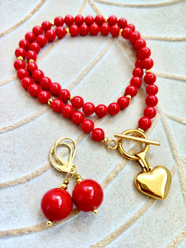 Set Colier și cercei perle de Mallorca rosii & inima aurie
