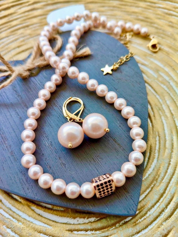 Set Colier și cercei perle de Mallorca crem cais rose prafuit