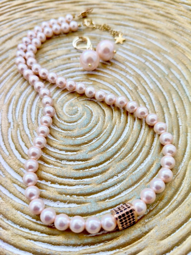 Set Colier și cercei perle de Mallorca crem cais rose prafuit