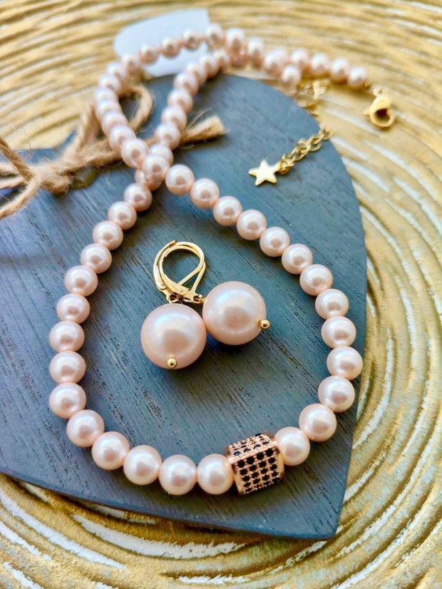 Set Colier și cercei perle de Mallorca crem cais rose prafuit