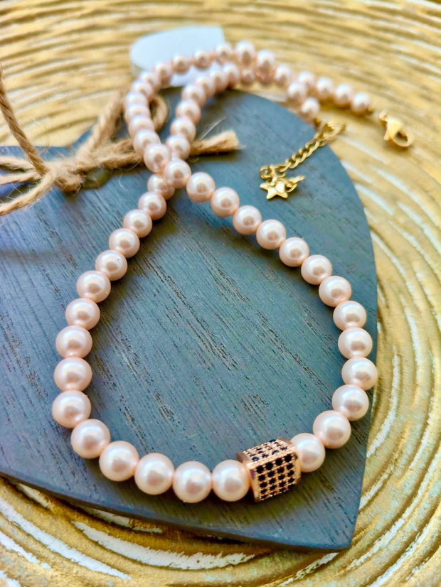 Set Colier și cercei perle de Mallorca crem cais rose prafuit
