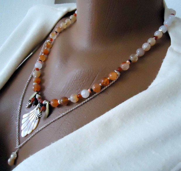 Colier minunat cu perla, sidef si agate sakura orrange degrade