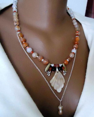 Colier minunat cu perla, sidef si agate sakura orrange degrade