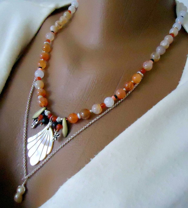 Colier minunat cu perla, sidef si agate sakura orrange degrade