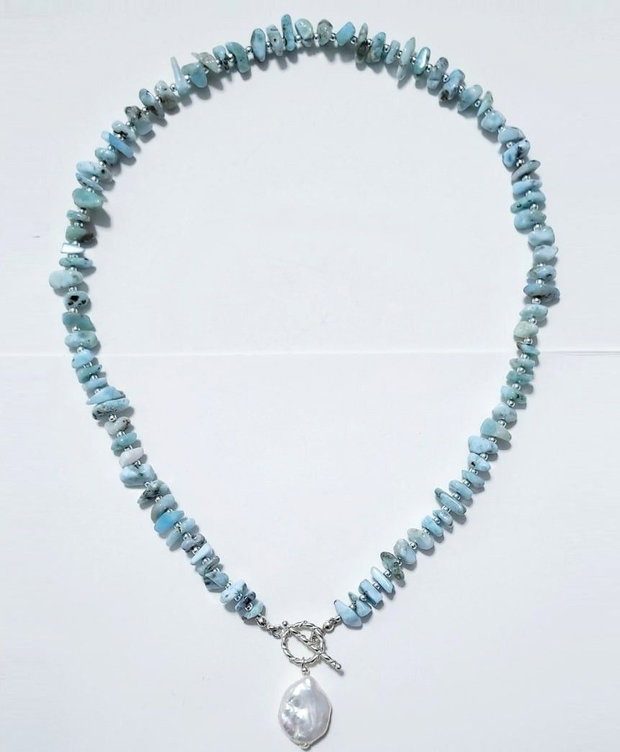 Colier argint 925 cu larimar, perla de cultura si hematit