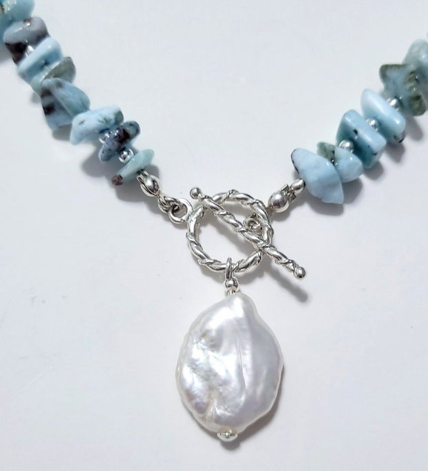 Colier argint 925 cu larimar, perla de cultura si hematit