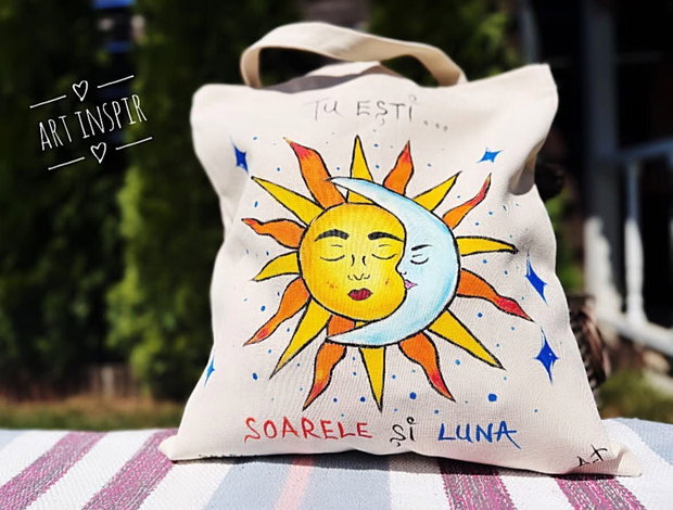 Sacoșă pictate manual - Soarele și luna