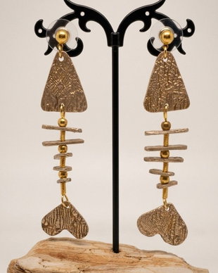 Cercei unicat din bronz, mobili, atarnatori,  in forma de schelete de pesti