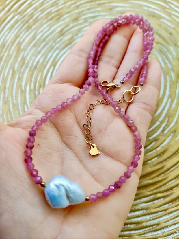 Colier CHOKER Turmalina roz & perla alba baroc