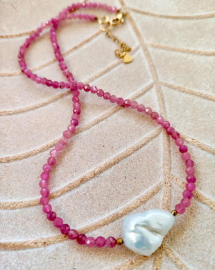 Colier CHOKER Turmalina roz & perla alba baroc
