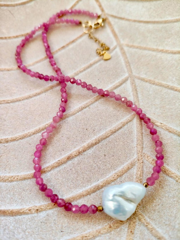 Colier CHOKER Turmalina roz & perla alba baroc