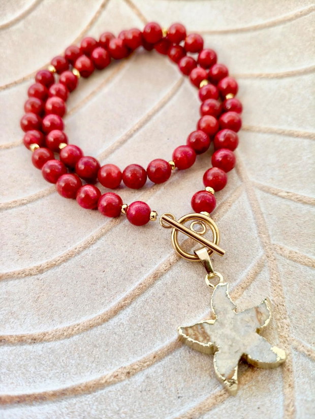 Colier Coral rosu & stea coral fosil