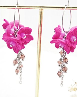 Cercei Statement "Fucsia Bloom" Flori Handmade din Foamiran și Cristale (cod1467)