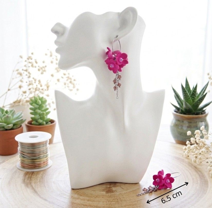 Cercei Statement "Fucsia Bloom" Flori Handmade din Foamiran și Cristale (cod1467)
