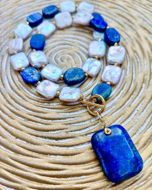 Colier perle baroc albe & lapis lazuli natural