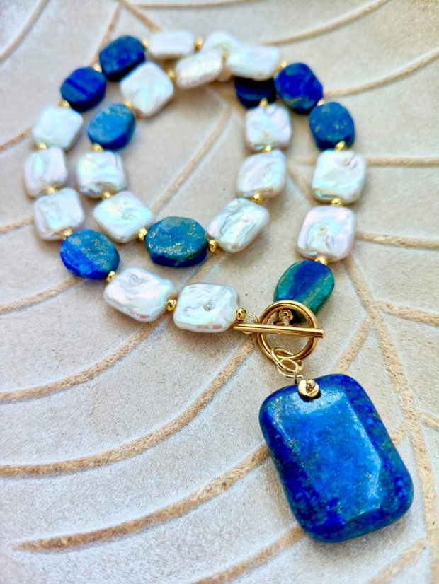 Colier perle baroc albe & lapis lazuli natural