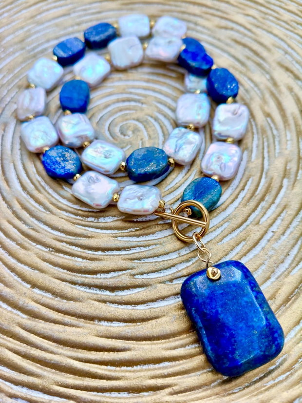 Colier perle baroc albe & lapis lazuli natural