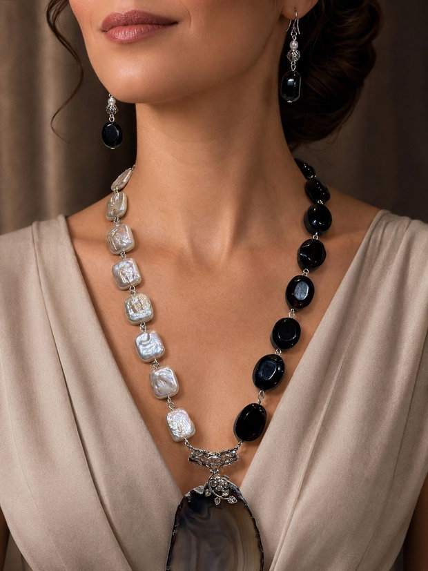 SET~DAY & NIGHT~ perle de cultura ,agate,accesorii argintate,inox