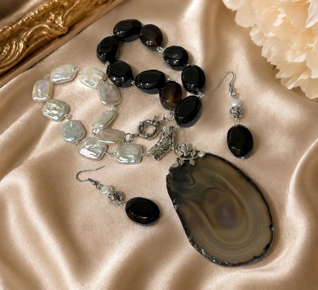 SET~DAY & NIGHT~ perle de cultura ,agate,accesorii argintate,inox