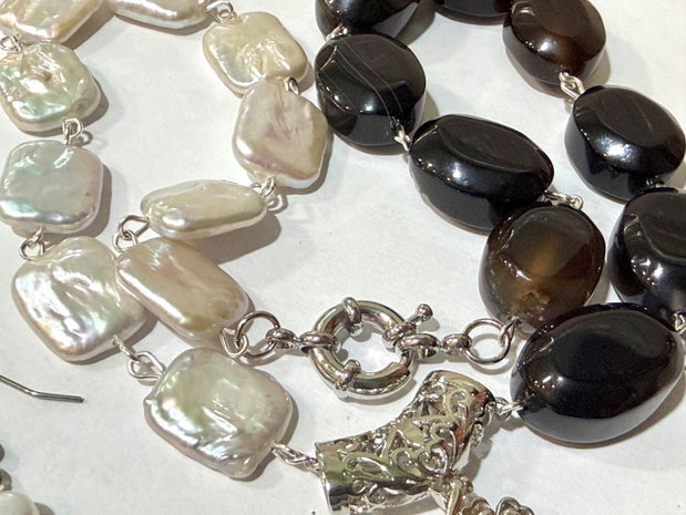 SET~DAY & NIGHT~ perle de cultura ,agate,accesorii argintate,inox