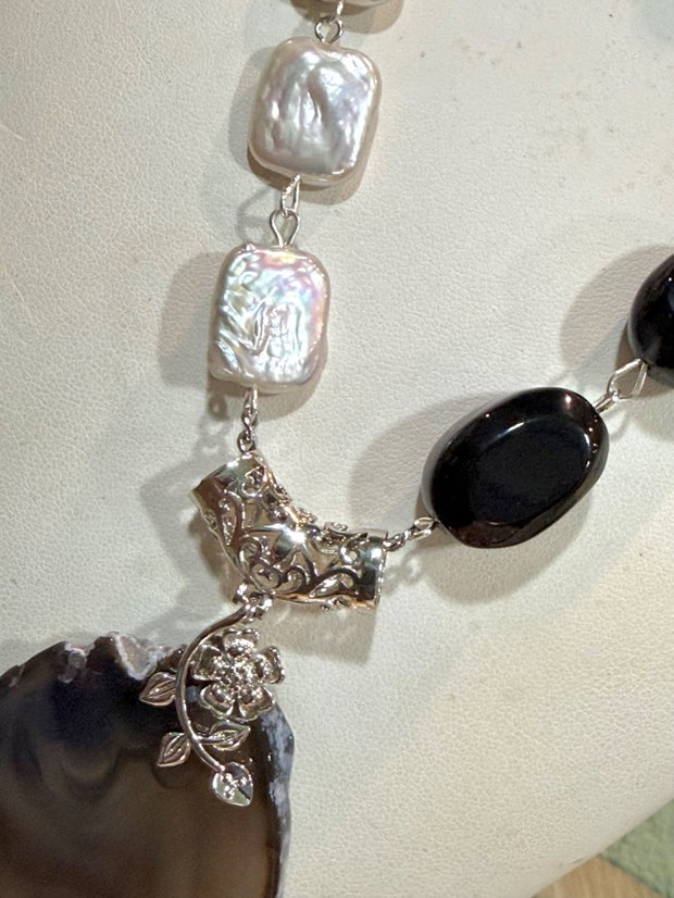 SET~DAY & NIGHT~ perle de cultura ,agate,accesorii argintate,inox