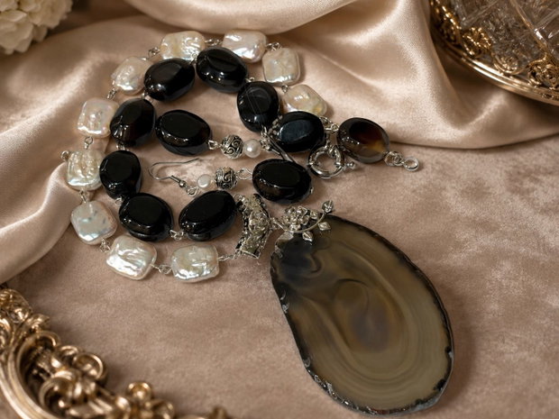 SET~DAY & NIGHT~ perle de cultura ,agate,accesorii argintate,inox