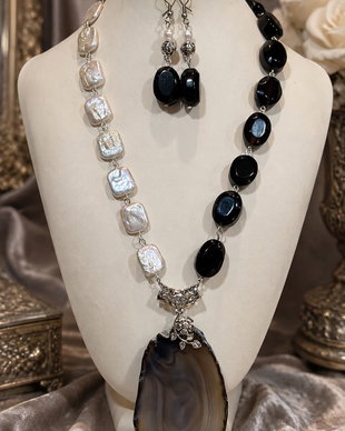 SET~DAY & NIGHT~ perle de cultura ,agate,accesorii argintate,inox