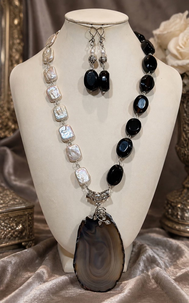 SET~DAY & NIGHT~ perle de cultura ,agate,accesorii argintate,inox