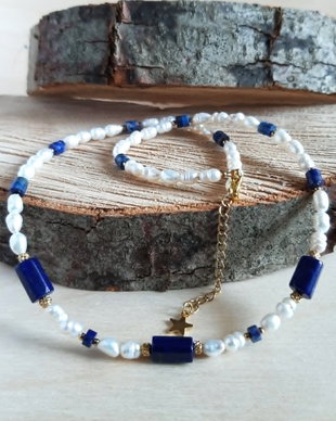 Colier din Perle natuarele de cultură, Lapis lazuli și inox auriu