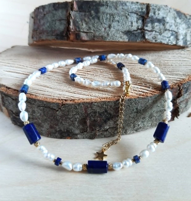 Colier din Perle natuarele de cultură, Lapis lazuli și inox auriu