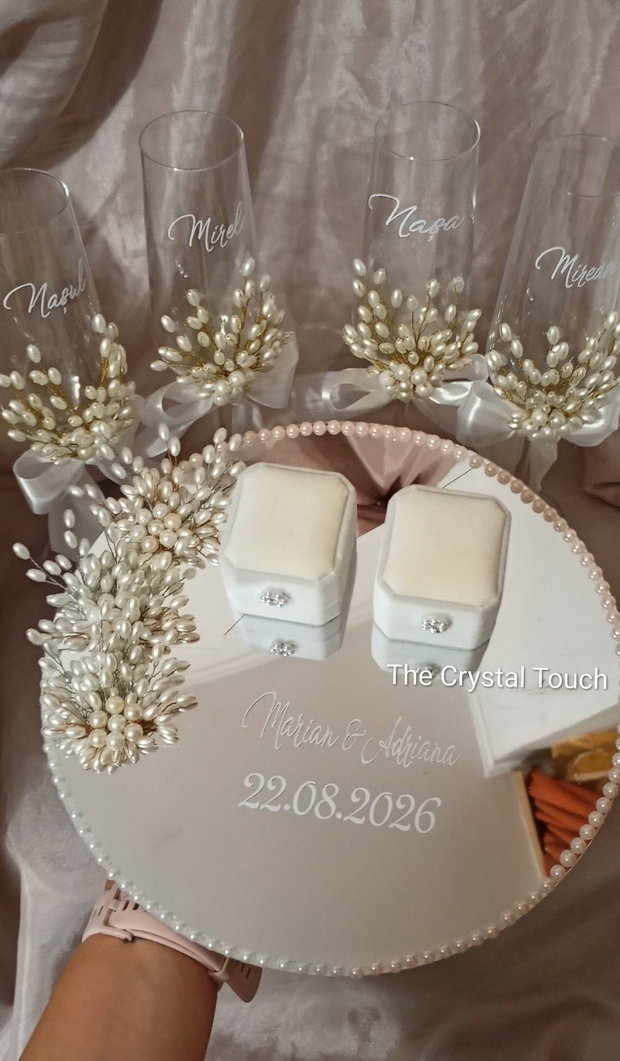 Suport pentru verighete personalizat alb & auriu