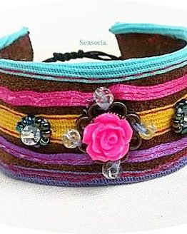 bratara piele , multicolor , cu trandafir